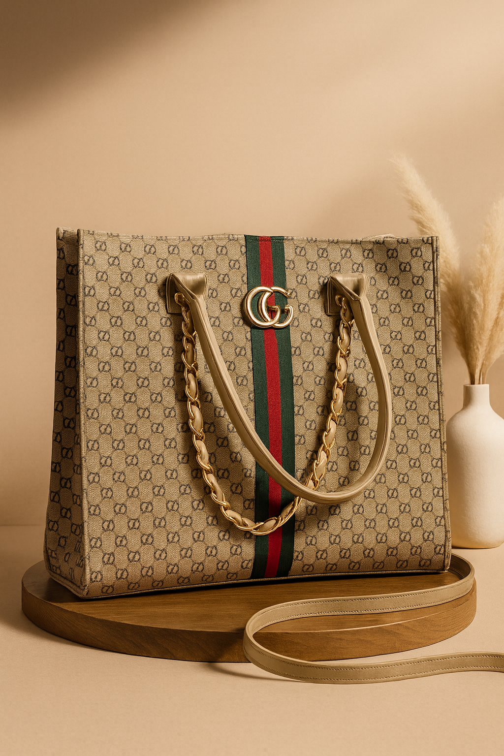 Designer-Inspired GG Monogram Tote Bag – Beige with Red-Green Stripe