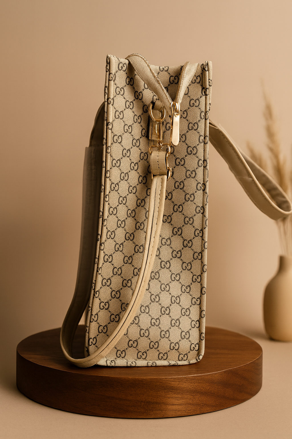 Designer-Inspired GG Monogram Tote Bag – Beige with Red-Green Stripe