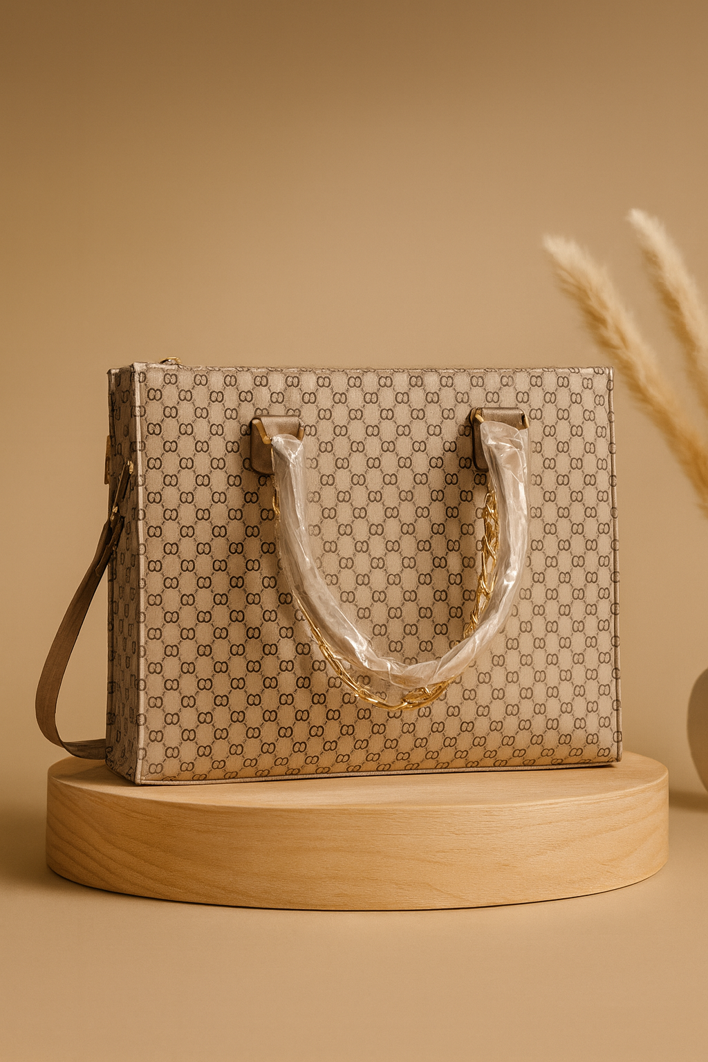 Designer-Inspired GG Monogram Tote Bag – Beige with Red-Green Stripe