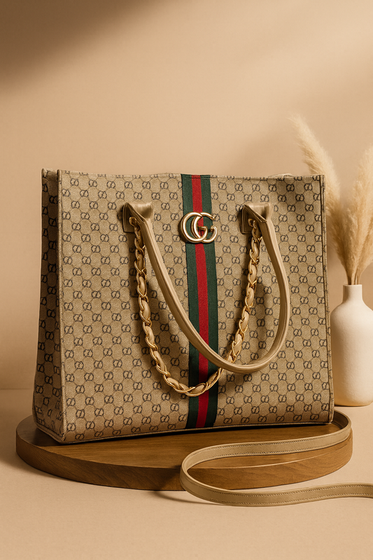 Designer-Inspired GG Monogram Tote Bag – Beige with Red-Green Stripe