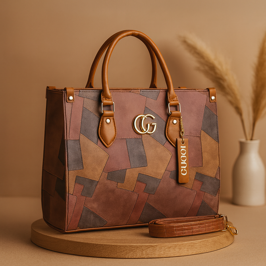 Patchwork GG Luxury Tote Bag – Multi-Tone Brown with Gold Detailing