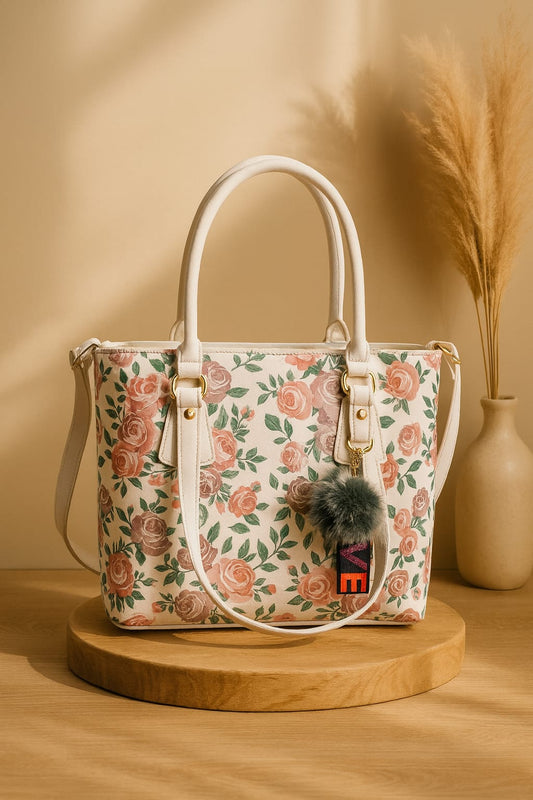 Floral Print Tote Handbag – White Handles with Charm Accessory
